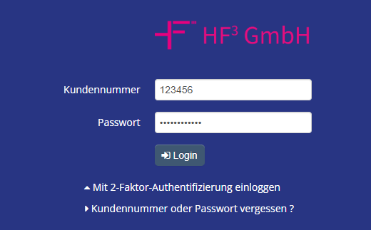 HF3 Hosting Panel Login-Fenster